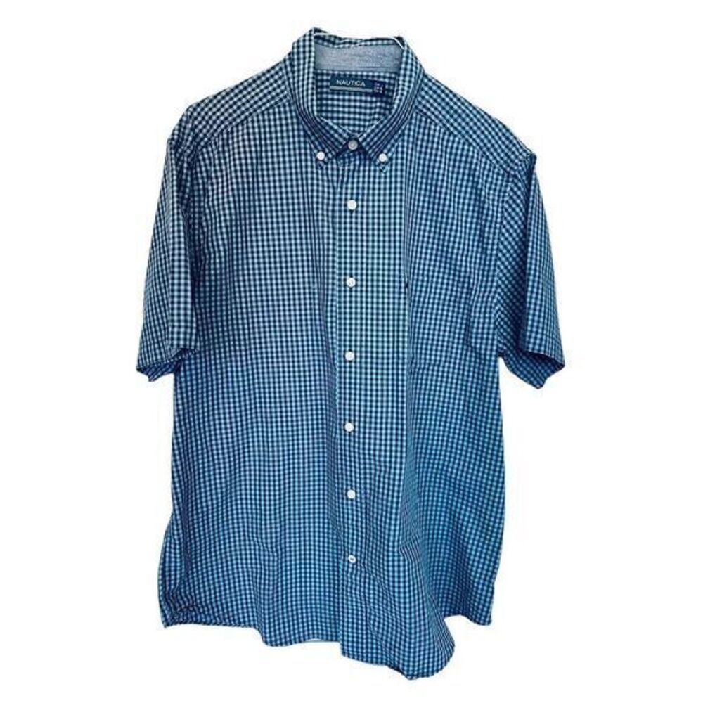 Nautica Blue Green Checker Button Up Short Sleeve Shirt Size Large Mens‎